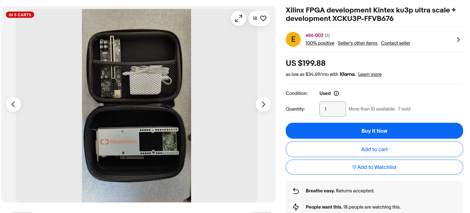 Ebay listing for a decommissioned Alibaba Cloud accelerator FPGA. Model name: AS02MC04